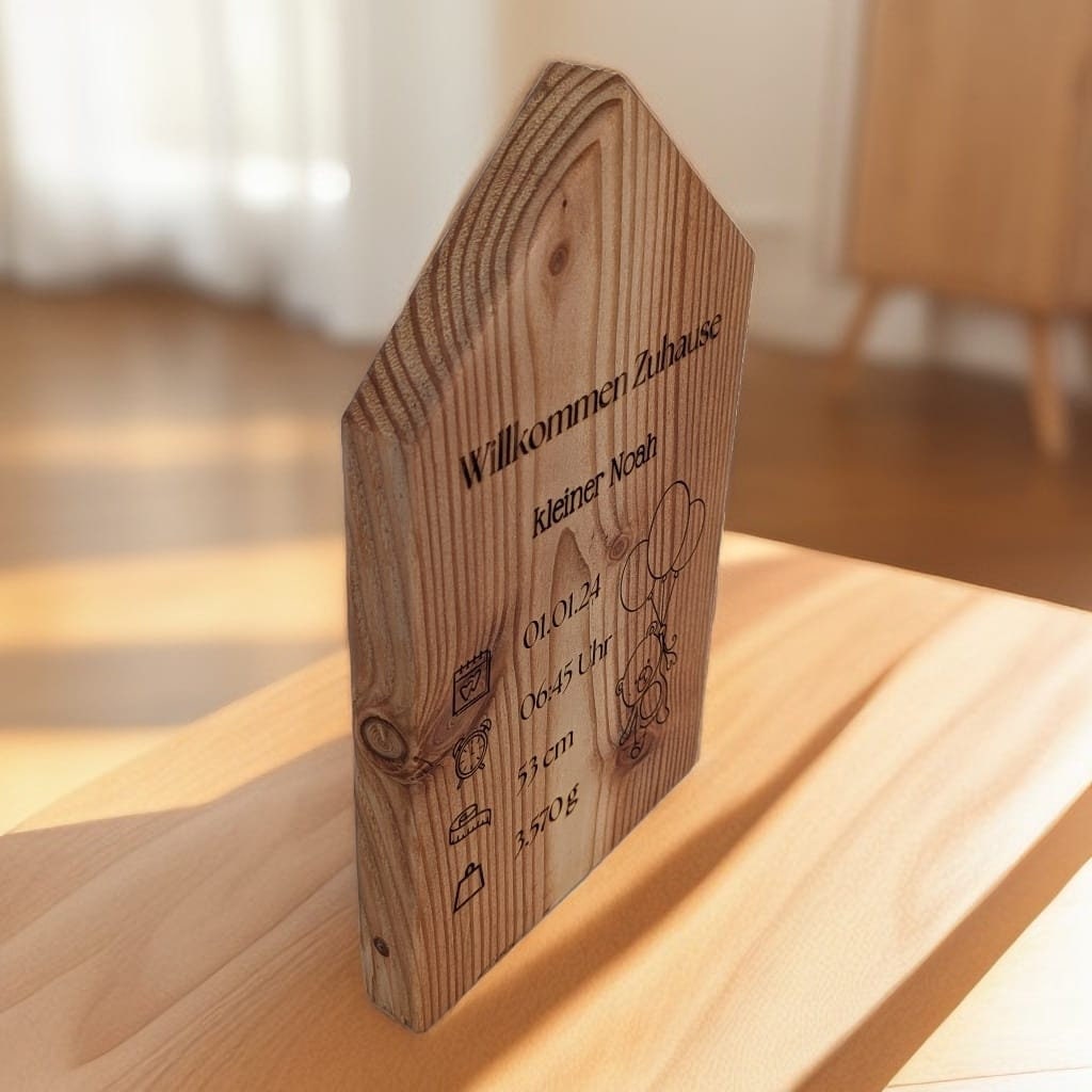 Handgefertigte Holz-Deko zur Geburt: Personalisierbar mit Babydaten